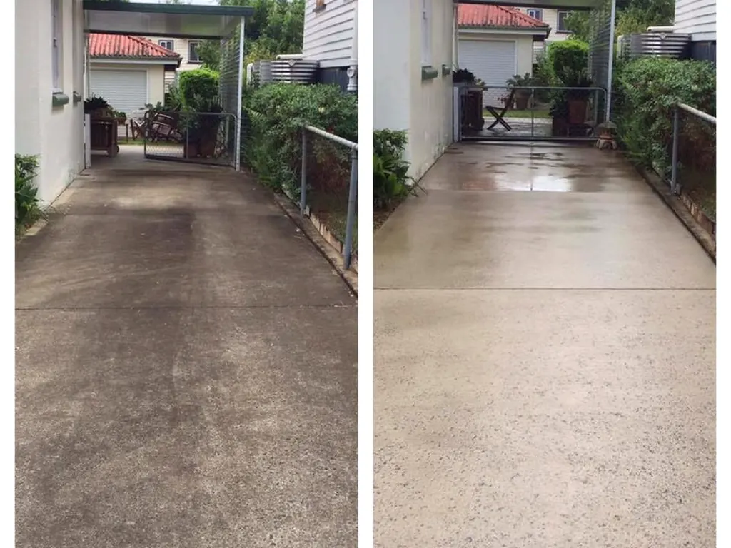 Concrete driveway before and after professional pressure cleaning