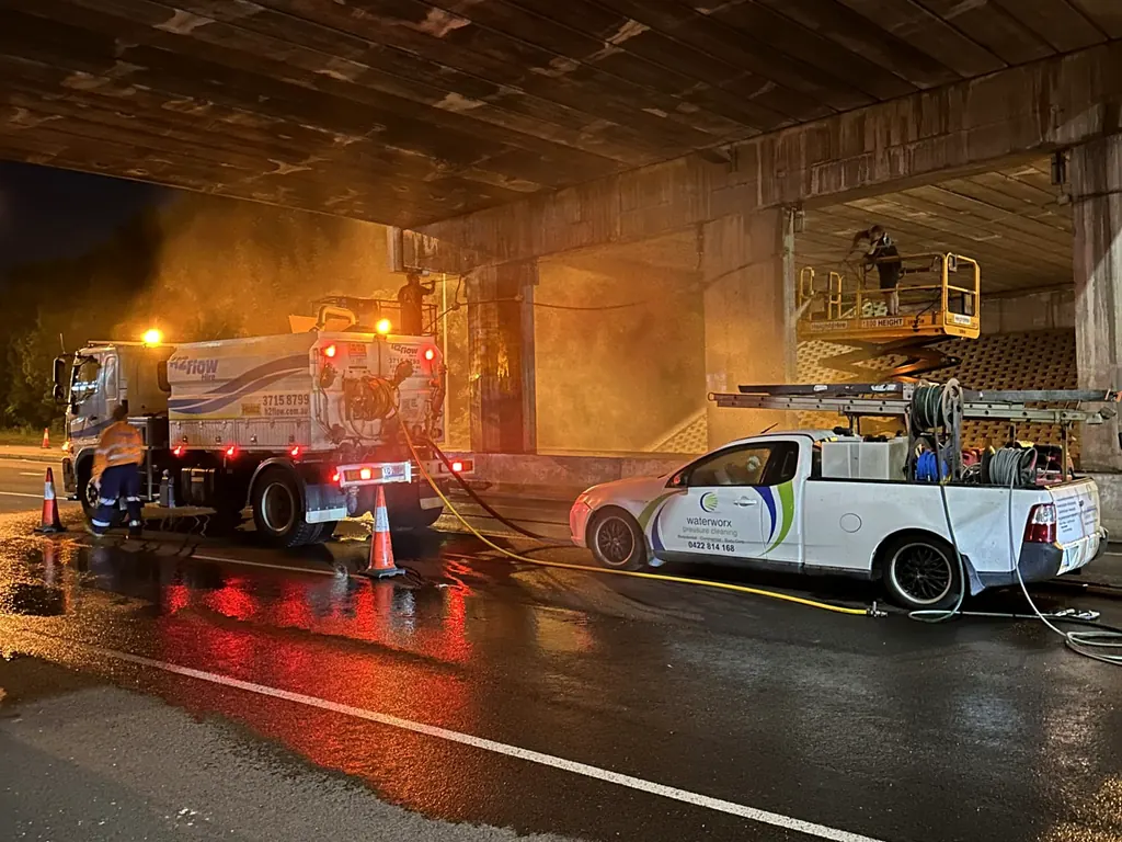 Waterworx commercial pressure cleaning equipment operating safely at night
